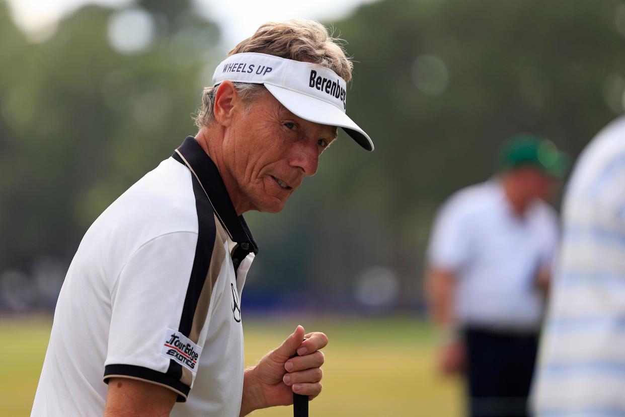 Bernhard Langer practices putting during the second round of the Constellation Furyk & Friends PGA Tour Champions golf tournament Saturday, Oct. 7, 2023 at Timuquana Country Club in Jacksonville, Fla. [Corey Perrine/Florida Times-Union]