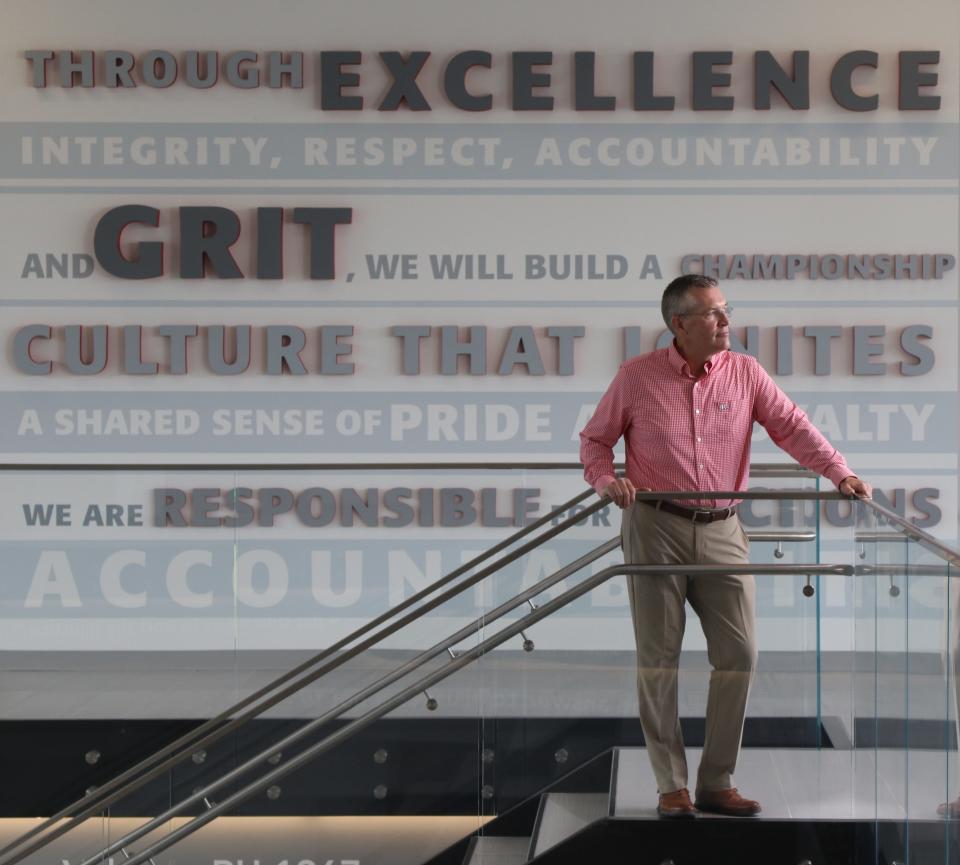Rutgers Athletic Director Pat Hobbs on the second floor in the lobby of the Gary and Barbara Rodkin Academic Success Center, one of two new athletic facilities at Rutgers University.