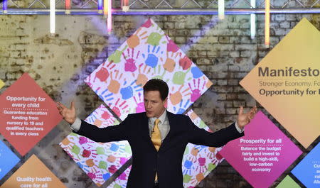 Liberal Democrat party leader Nick Clegg unveils his party's manifesto in central London April 15, 2015. REUTERS/Toby Melville