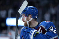 Colorado Avalanche left wing Gabriel Landeskog (92) celebrates a goal against the Los Angeles Kings during the second period of an NHL hockey game Wednesday, May, 12, 2021, in Denver. (AP Photo/Jack Dempsey)