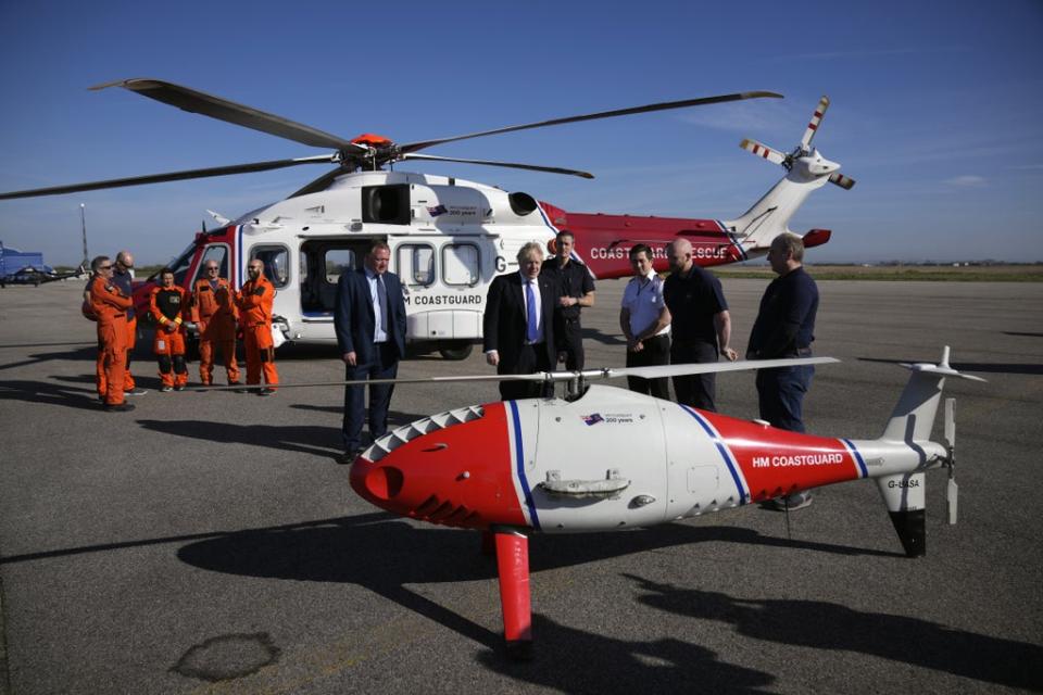 Boris Johnson is shown a Coastguard drone for surveillance and rescue of migrants (Matt Dunham/PA) (PA Wire)