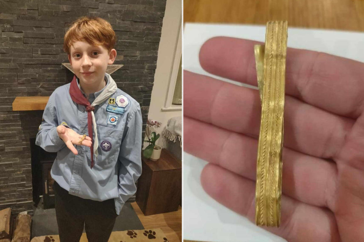 A 12-year-old UK boy is sharing how he discovered a rare gold Roman bracelet while walking his dog in a field in the Pagham area of England.