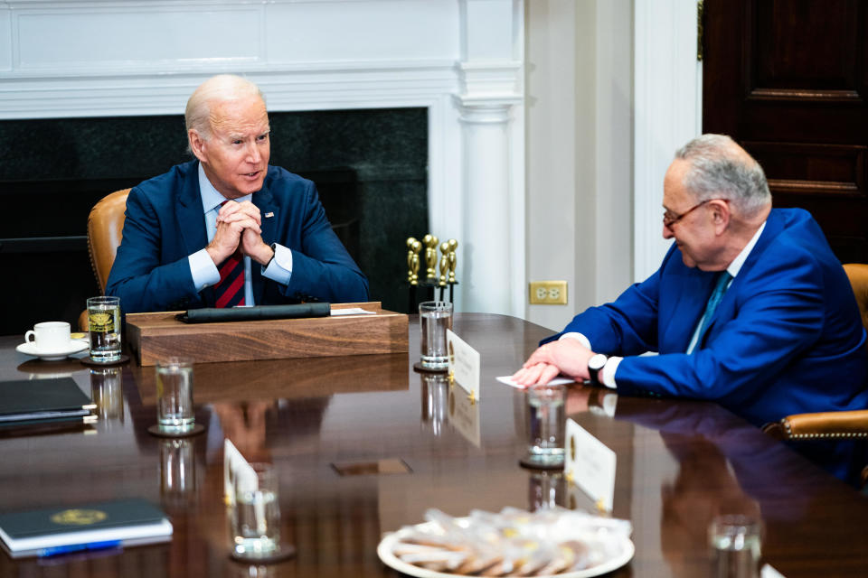 President Joe Biden and Senate Majority Leader Chuck Schumer (NY) during a meeting with Democratic Congressional leaders in the Roosevelt Room of the White House on Tuesday, January 24, 2023. / Credit: Demetrius Freeman/The Washington Post via Getty Images