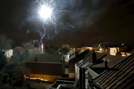 Fireworks explode during New Year's Day celebrations in Brussels, January 1, 2016, after authorities on Wednesday called off the usual New Year's Eve fireworks display in the capital, citing fears of a possible militant attack. REUTERS/Francois Lenoir
