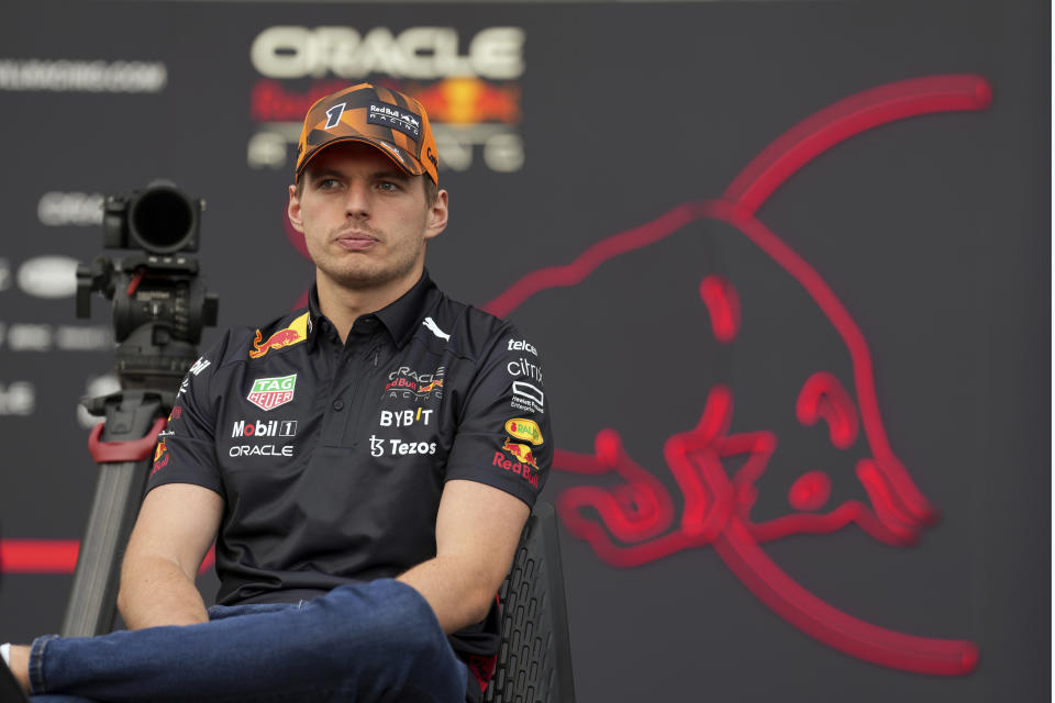 Red Bull driver Max Verstappen of the Netherlands speaks to media before the Japanese Formula One Grand Prix at the Suzuka Circuit in Suzuka, central Japan, Thursday, Oct. 6, 2022. (AP Photo/Eugene Hoshiko)