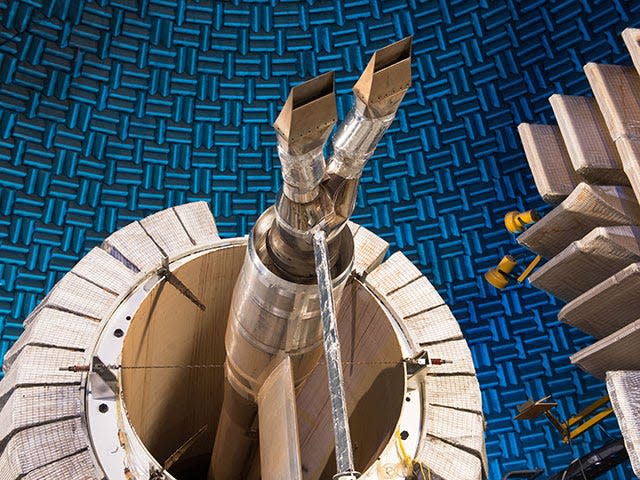 A close up image of the twin-jet Model, Nozzle Acoustic Test Rig (NATR) inside of NASA's Aero-Acoustic Propulsion Laboratory.