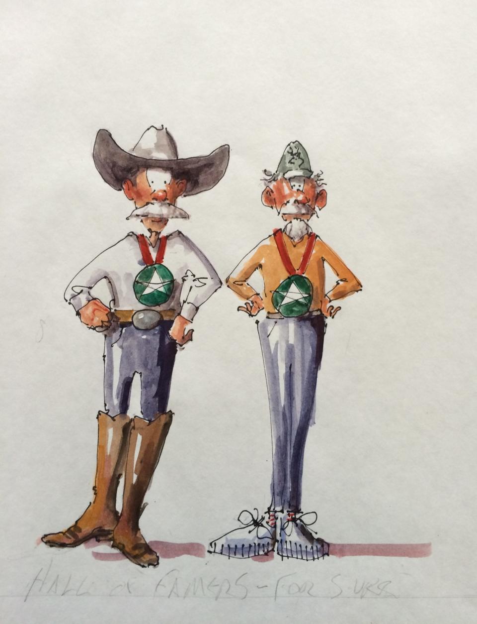 Oklahoma artists and close friends Harold T. Holden, left, and Mike Larsen are depicted in a cartoon created by Larsen. Works by both artists are included in the exhibit "Cowboys and Indians," on view through Feb. 29 at JRB Art at the Elms gallery in Oklahoma City. It is the first exhibit of Holden's works since the celebrated cowboy artist died Dec. 6, 2023, at age 83.