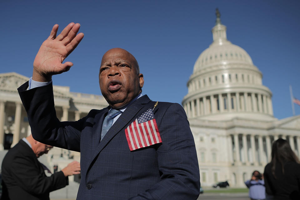 Rep. John Lewis (D-GA) thanks anti-gun violence supporters following a rally with fellow Democrats on the East Front steps of the U.S. House of Representatives October 4, 2017 in Washington, DC.