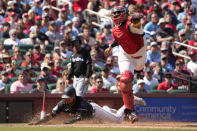Miami Marlins' Luis Arraez, left, scores past St. Louis Cardinals catcher Iván Herrera during the seventh inning of a baseball game Sunday, April 7, 2024, in St. Louis. (AP Photo/Jeff Roberson)