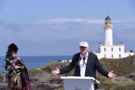 FILE PHOTO: Republican presidential candidate Donald Trump speaks during a news conference, in front of the lighthouse, at his Turnberry golf course, in Turnberry