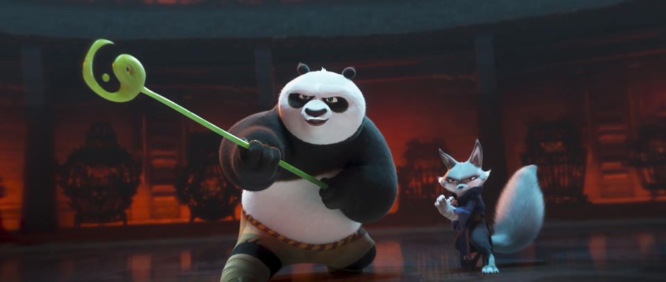 This image released by Universal Pictures shows characters Po, voiced by Jack Black, left, and Zhen, voiced by Awkwafina, in a scene from DreamWorks Animation's "Kung Fu Panda 4." (DreamWorks Animation/Universal Pictures via AP)