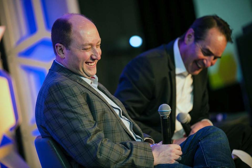 Mike Fisher (l.), executive director of investment innovation, GroupM, and Jon Lafayette, senior content producer-business, B+C, share a laugh during the Advanced Advertising Summit’s opening keynote conversation.