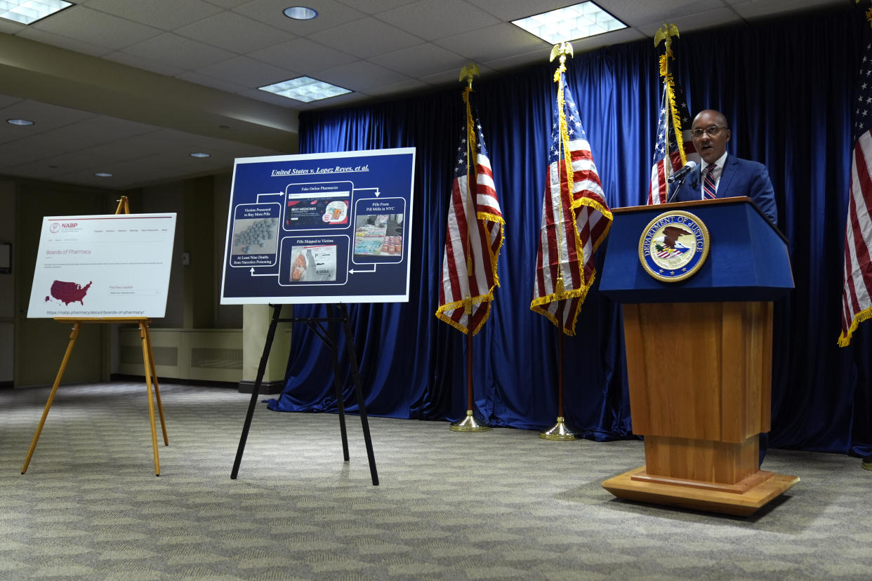 U.S. Attorney Damian Williams speaks about a drug trafficking case during a press conference at Federal Plaza in New York, Monday, Sept. 30, 2024. (AP Photo/Pamela Smith)