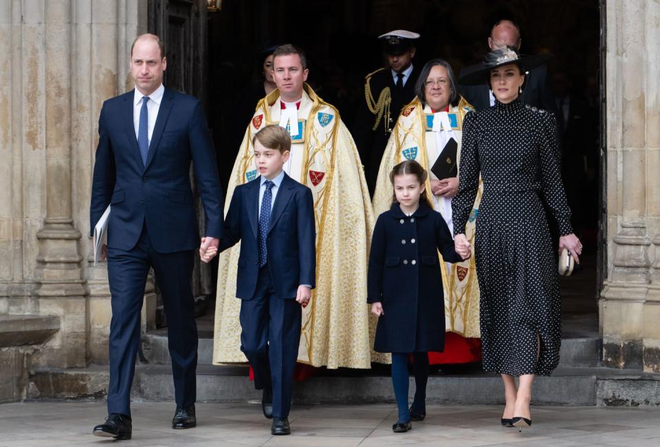 <p>George twinned with his dad, Prince William, whom he held hands with as they left the thanksgiving service memorializing George's late great-grandfather, Prince Philip, the Duke of Edinburgh. </p>