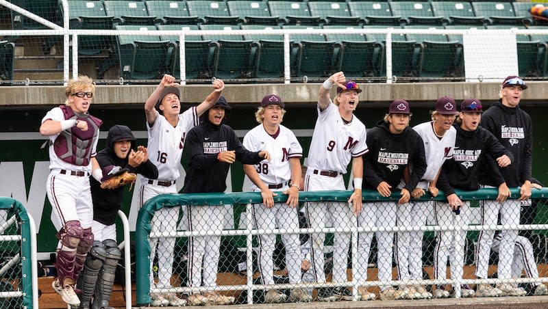 Maple Mountain, shown here on Monday during it's 5A state tournament win over Murray, won its game on Tuesday to remain in the 5A winners bracket.