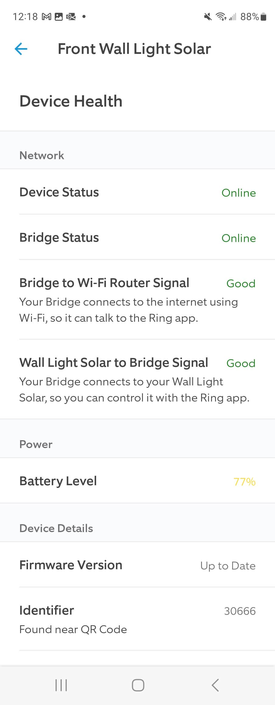 Screenshot of Ring app showing the battery life of the Ring Solar Wall Light.