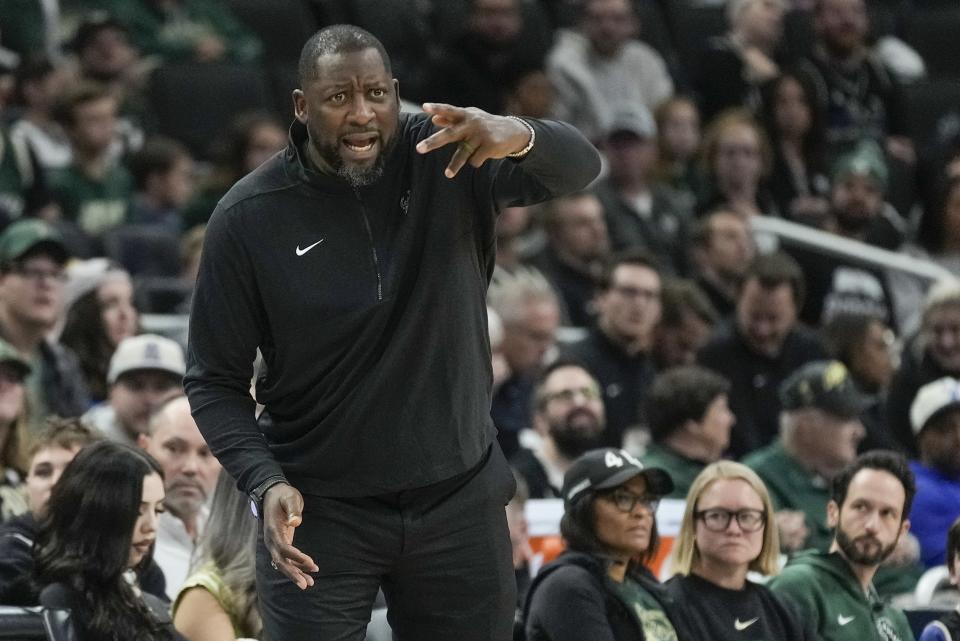 Milwaukee Bucks head coach Adrian Griffin reacts during the second half of a preseason NBA basketball game against the Chicago Bulls Sunday, Oct. 8, 2023, in Milwaukee. (AP Photo/Morry Gash)
