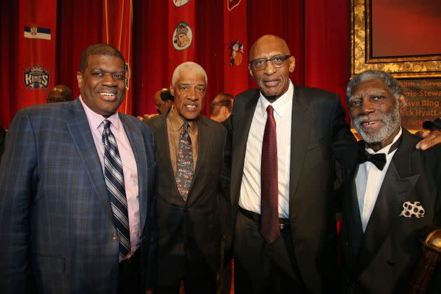 Bob Lanier (the tallest) with, from left, with fellow NBA greats Bernard King, Julius Erving and Al Attles at the 2019 Basketball Hall of Fame enshrinement ceremony. (Photo: Chris Marion via Getty Images)