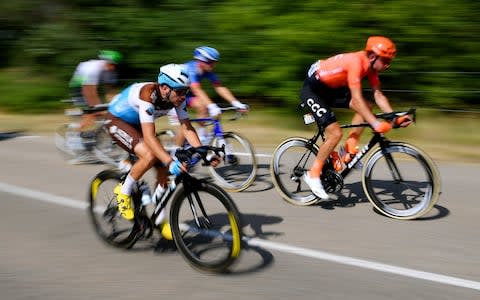 The breakaway group featuring Lukasz Wisniowski of Poland and CCC Team (R) - Credit: VELO