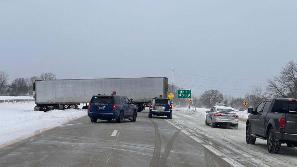 A jackknifed semi-truck on westbound I-96 near 28th Street in Cascade Township on Jan. 16, 2024. (Courtesy Michigan State Police)