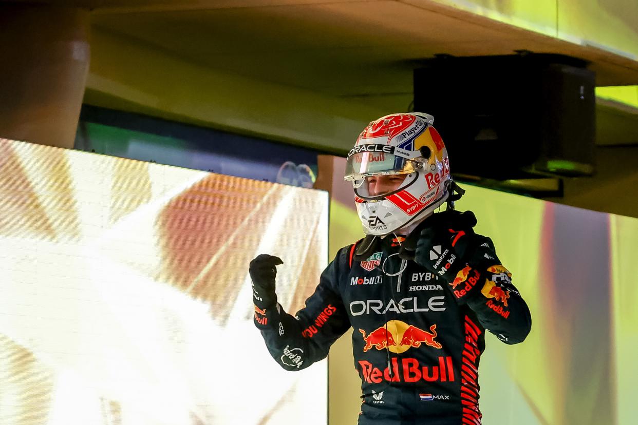 Max Verstappen celebrates his win at the season-opening Bahrain Grand Prix on Sunday night in Sakhir, Bahrain. (Photo by ANP via Getty Images)