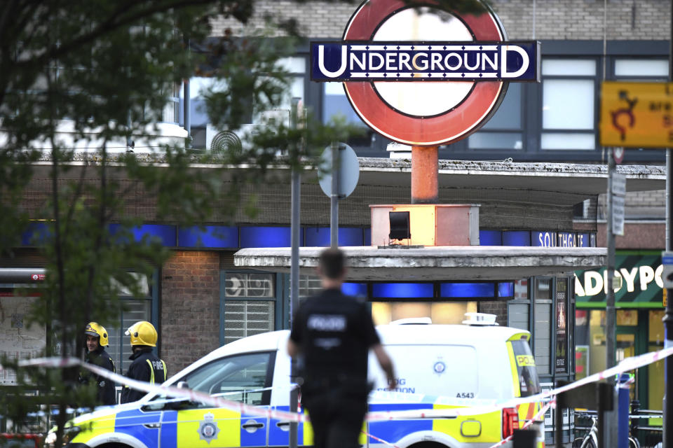 Emergency services attend the scene of a small explosion at Southgate Underground station, in London, Tuesday June 19, 2018. Source: Victoria Jones/PA via AP