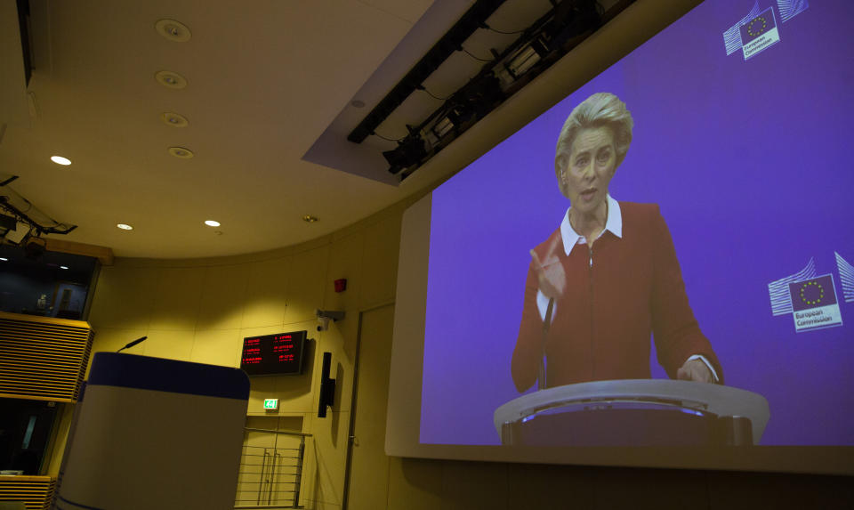 European Commission President Ursula von der Leyen speaks via video conference into a press room at EU headquarters in Brussels, Wednesday, Oct. 28, 2020. The European Commission on Wednesday, is launching an additional set of actions, to help limit the spread of the coronavirus, save lives and strengthen the internal market's resilience. (AP Photo/Virginia Mayo, Pool)