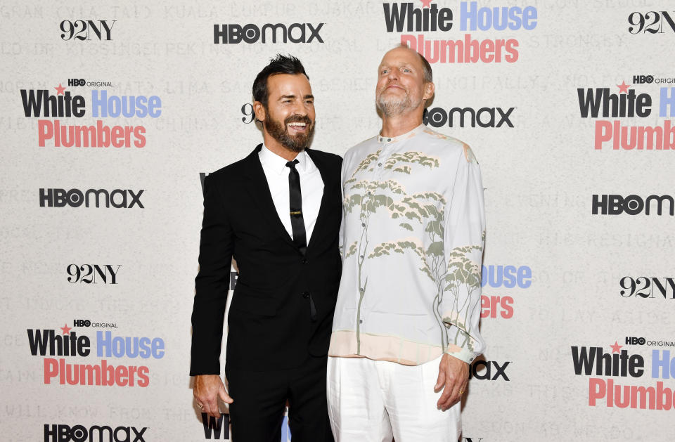Justin Theroux, left, and Woody Harrelson attend the premiere of HBO's "White House Plumbers," at the 92nd Street Y, Monday, April 17, 2023, in New York. (Photo by Evan Agostini/Invision/AP)
