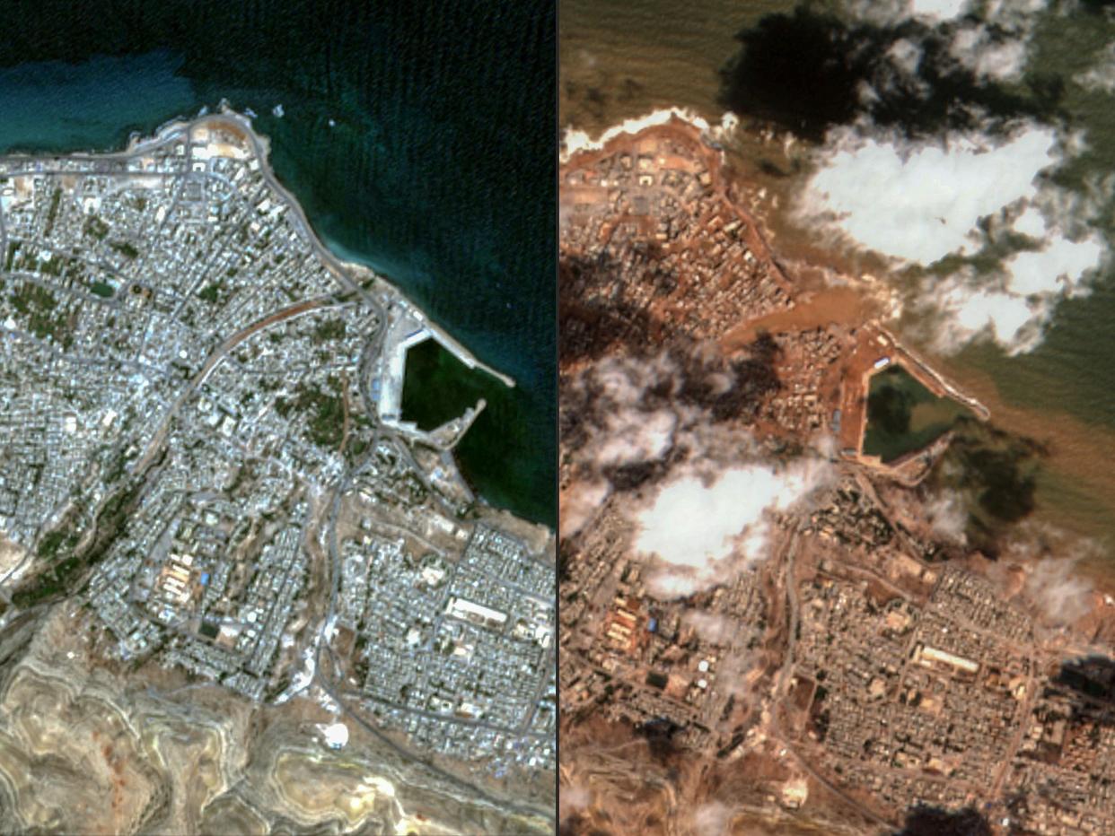 This combination of handout satellite images released by Maxar Technology and created on September 13, 2023, shows (L) an overview of Libya’s  eastern city of Derna before the flash floods on 7 September 2023 (Satellite image Â©2023 Maxar Tech)