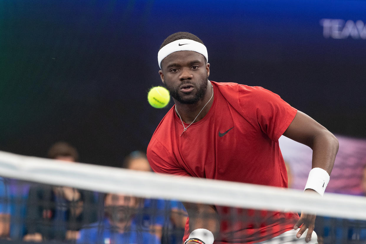 SYDNEY, AUSTRALIA - JANUARY 08: Frances Tiafoe of the United States competes in the finals match against Lorenzo Musetti of Italy during day eleven of the 2023 United Cup at Ken Rosewall Arena on January 8, 2023 in Sydney, Australia. (Photo by Steve Christo - Corbis/Corbis via Getty Images)