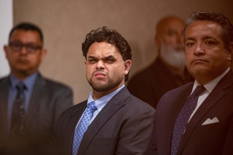 Facundo Chavez, at center, is photographed on July 26, 2023, during the first day of his murder trial. Chavez is facing one count of capital murder of a peace officer in connection with the 2019 shooting of Peter Herrera.