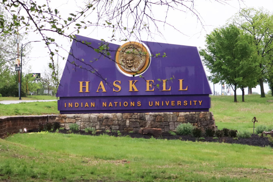 The entrance to Haskell Indian Nations University at Lawrence, Kansas, in April 2024. A recently released federal investigative report has described the campus as "dysfunctional."