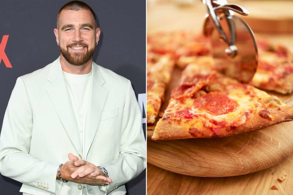 <p>JC Olivera/Getty; Getty </p> Travis Kelce, a stock image of a pizza slice.