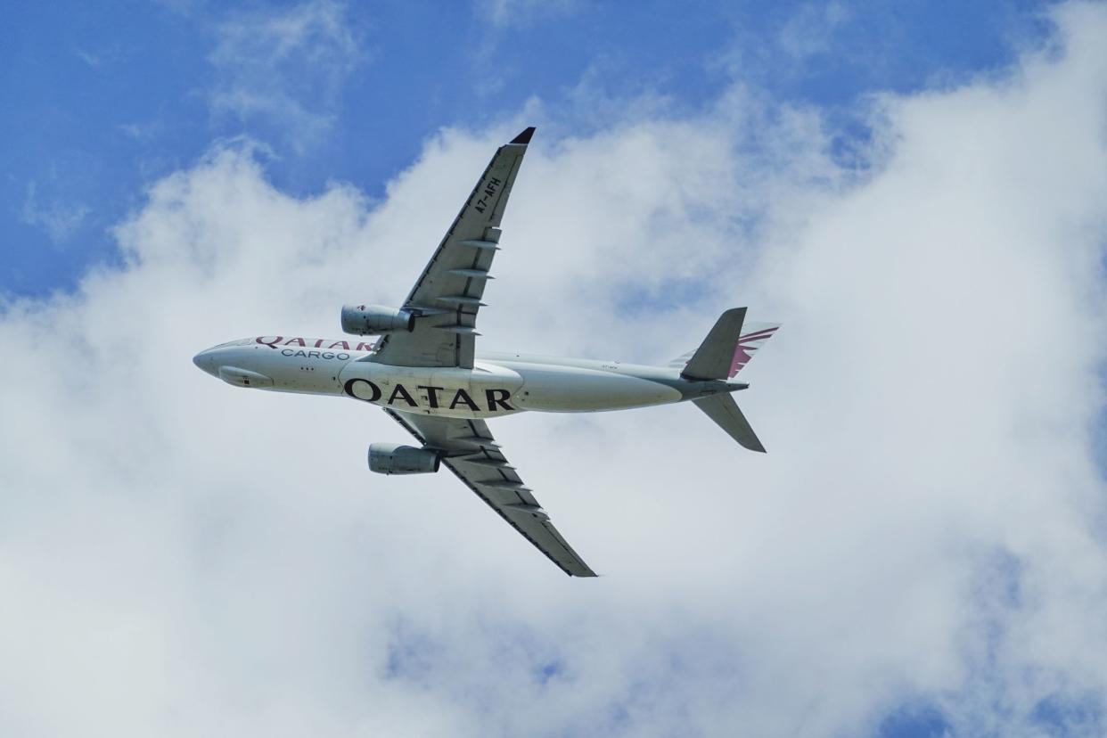 Steenokkerzeel,Belgium - 21 July, 2020:Airbus from Qatar Cargo flying to its destination after departure from Brussels Airport. Qatar Airways is the flag carrier from Qatar.