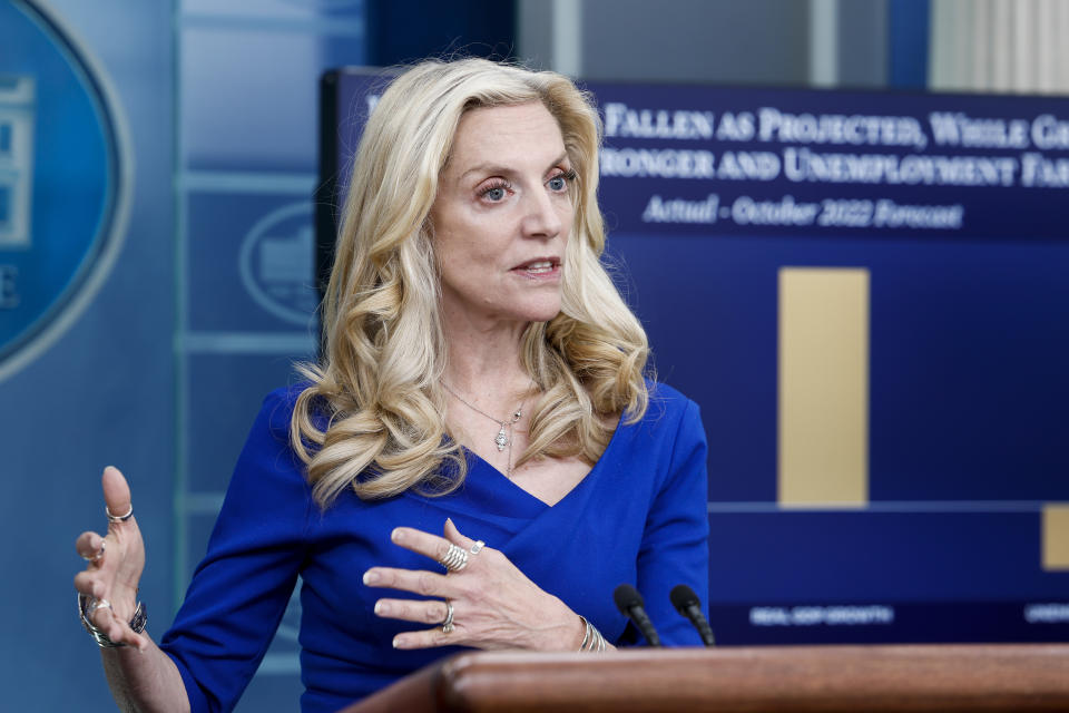 WASHINGTON, DC - OCTOBER 26: White House National Economic Council Director Lael Brainard speaks during the daily press briefing at the White House on October 26, 2023 in Washington, DC. Brainard attended the briefing to speak about recently released third quarter GDP numbers. Brainard told Yahoo Finance on Tuesday that housing is one area where 