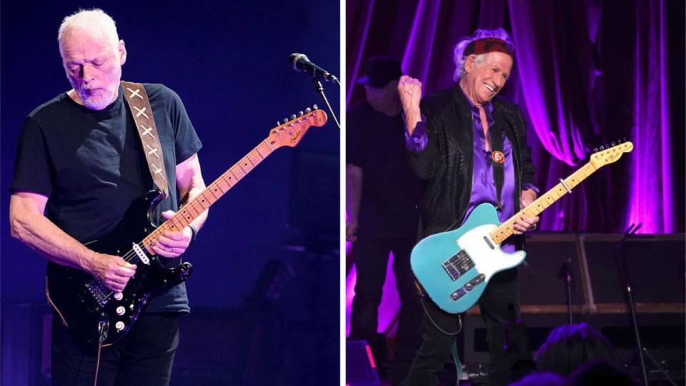 An image of David Gilmour side-by-side with an image of Keith Richards