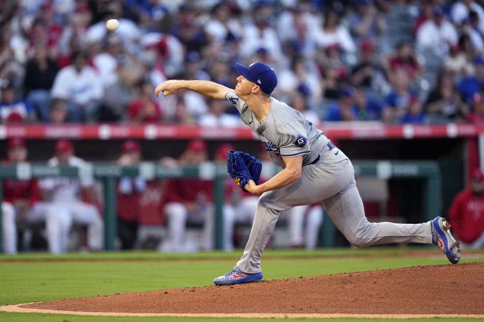 Los Angeles Dodgers starting pitcher Walker Buehler throws to the plate during the first inning of a baseball game against the Los Angeles Angels Tuesday, Sept. 3, 2024, in Anaheim, Calif. (AP Photo/Mark J. Terrill)