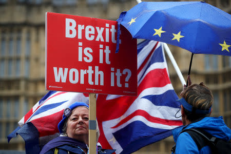 FILE PHOTO: Anti-Brexit protesters hold flags and placards opposite the Houses of Parliament in London, Britain, October 17, 2018. REUTERS/Hannah McKay