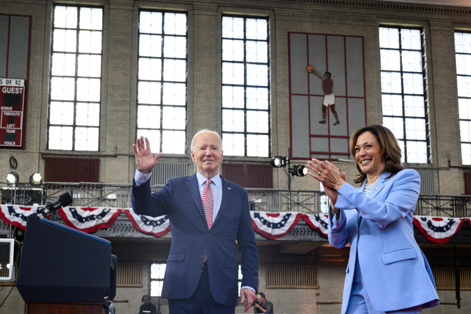 TOPSHOT - US President Joe Biden (L) and Vice President Kamala Harris gesture during a campaign event in Philadelphia, Pennsylvania, on May 29, 2024. (Photo by Mandel NGAN / AFP) (Photo by MANDEL NGAN/AFP via Getty Images)