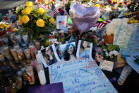 <p>A makeshift memorial is pictured in the middle of Las Vegas Boulevard following the mass shooting in Las Vegas, Nev., Oct. 6, 2017. (Photo: Chris Wattie/Reuters) </p>