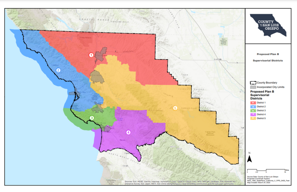 The SLO County Board of Supervisors will consider adopting Map B, designed by the firm Redistricting Partners, to replace the Patten map adopted in 2021.