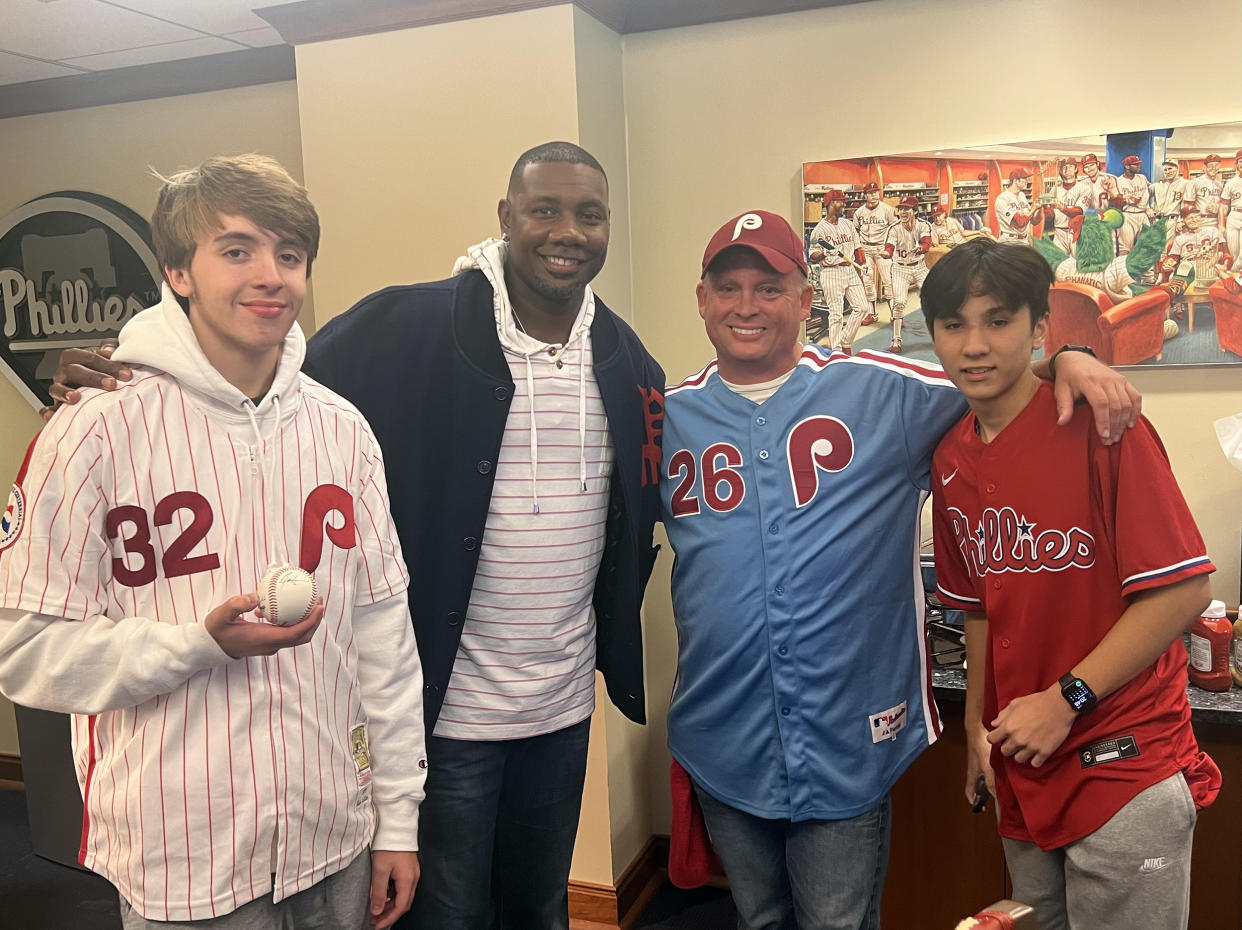 Chris Greenwell's Facebook post about meeting Cody Newton went viral and the Phillies invited the two to the Phillies Alumni Suite where the teen got to meet some team legends while watching the playoff game. (Courtesy Cody Newton)