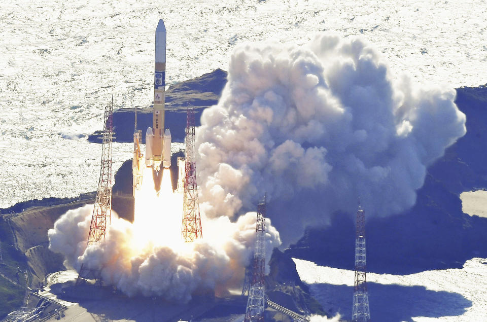 An HII-A rocket blasts off from the launch pad at Tanegashima Space Center in Kagoshima, southern Japan Thursday, Sept. 7, 2023. (Kyodo News via AP)