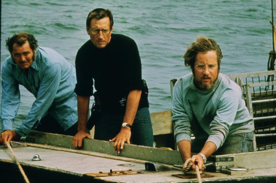 Robert Shaw, left, as Quint, Roy Scheider, as Police Chief Martin Brody, and Richard Dreyfuss, as Matt Hooper, appear in a scene from the 1975 film "Jaws."