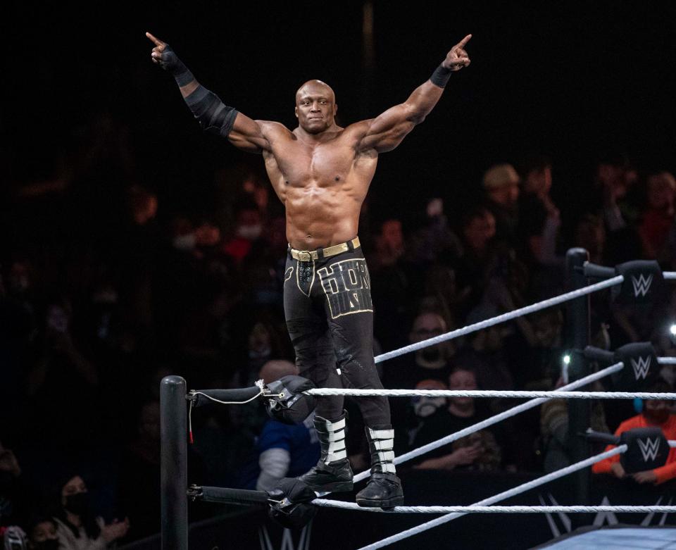 WWE superstar Bobby Lashley gets introduced at the  BMO Harris Bank Center on Saturday, Dec. 18, 2021, in Rockford.