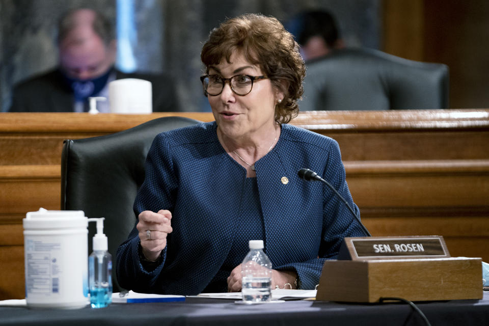 FILE - Sen. Jacky Rosen, D-Nev., speaks during a Senate Homeland Security and Governmental Affairs Committee hearing to discuss security threats 20 years after the 9/11 terrorist attacks, Sept. 21, 2021 on Capitol Hill in Washington. Rosen will up for reelection in 2024. (Greg Nash/Pool via AP, File)