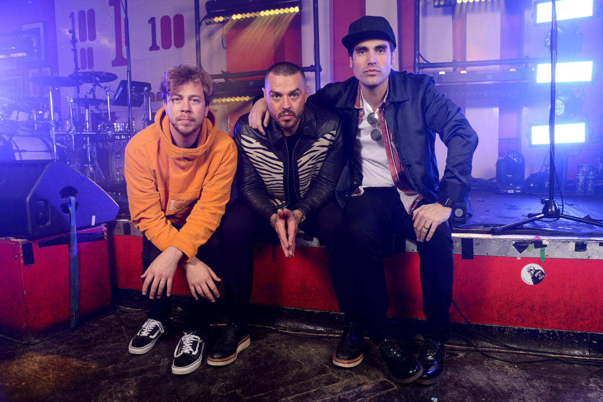 LONDON, ENGLAND - OCTOBER 29:  (L-R) James Bourne, Matt Willis and Charlie Simpson of Busted backstage ahead of playing their smallest gig ever at The 100 Club on October 29, 2018 in London, England. (Photo by Dave J Hogan/Dave J Hogan/Getty Images for Warner Music)