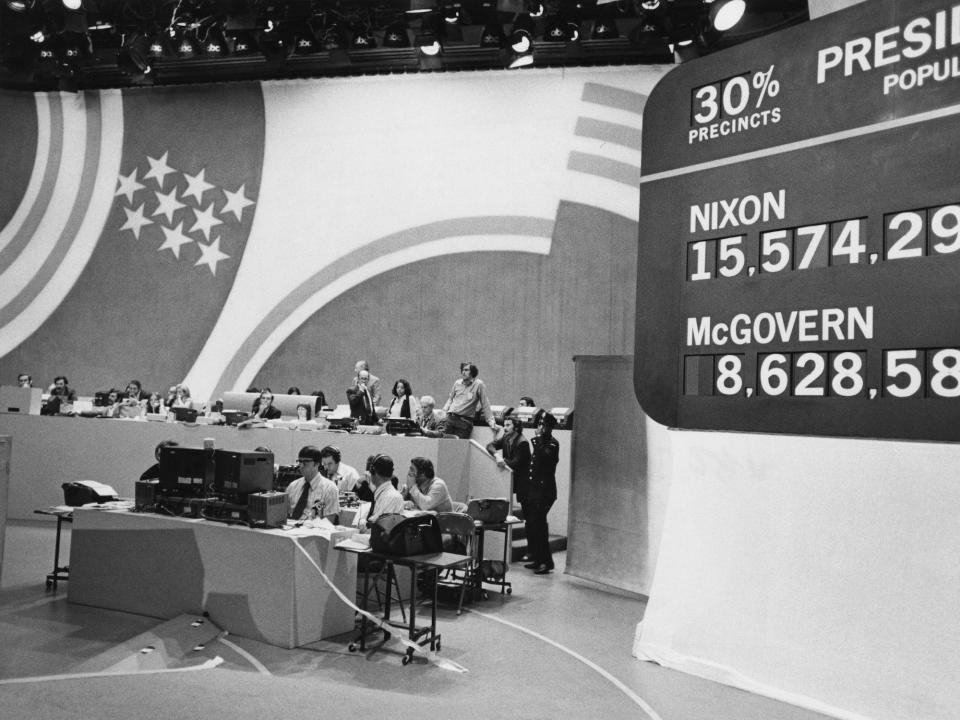 The set of ABC's studio during Election Night in 1972 with a board showing President Richard Nixon leading by a wide margin over Democratic nominee George McGovern.