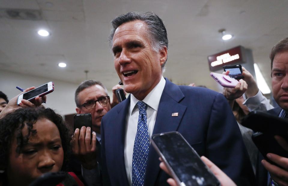 Sen. Mitt Romney (R-UT) speaks to reporters upon arrival to the U.S. Capitol for the Senate impeachment trial on January 29, 2020.