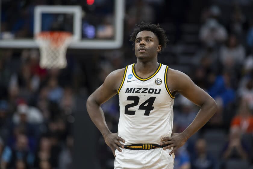 Missouri guard Kobe Brown (24) watches free throws shot in the second half of a second-round college basketball game against Princeton in the NCAA Tournament, Saturday, March 18, 2023, in Sacramento, Calif. Princeton won 78-63. (AP Photo/José Luis Villegas)